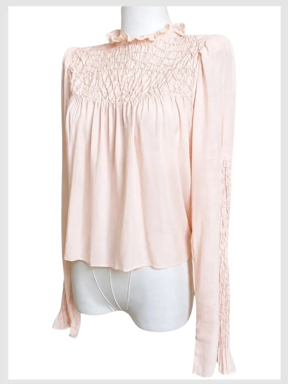FREE PEOPLE Smocked in Time Pink Rose Ruffle Neck smocked‎ Blouse Top XS